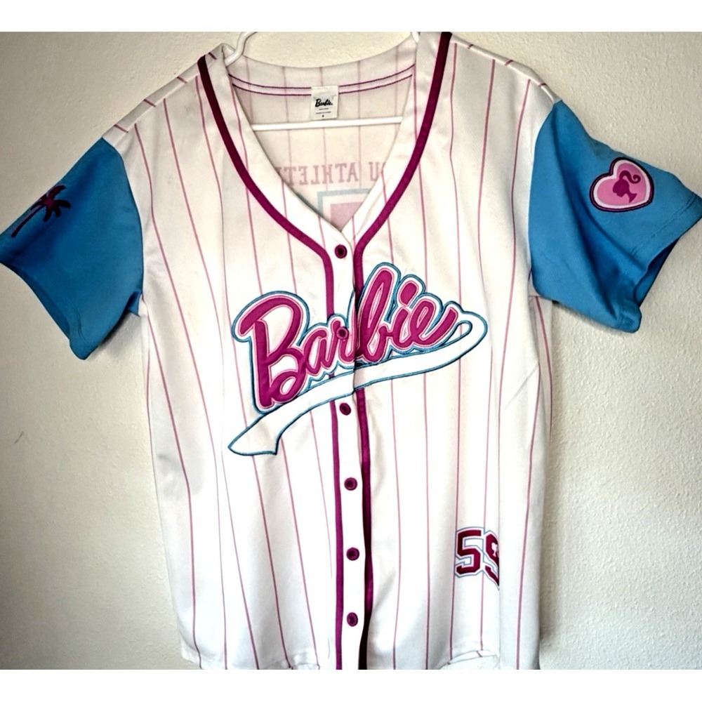 Barbie Malibu Athletic Dept 59 Jersey Women's Small‎ Pink Blue Baseball Shirt